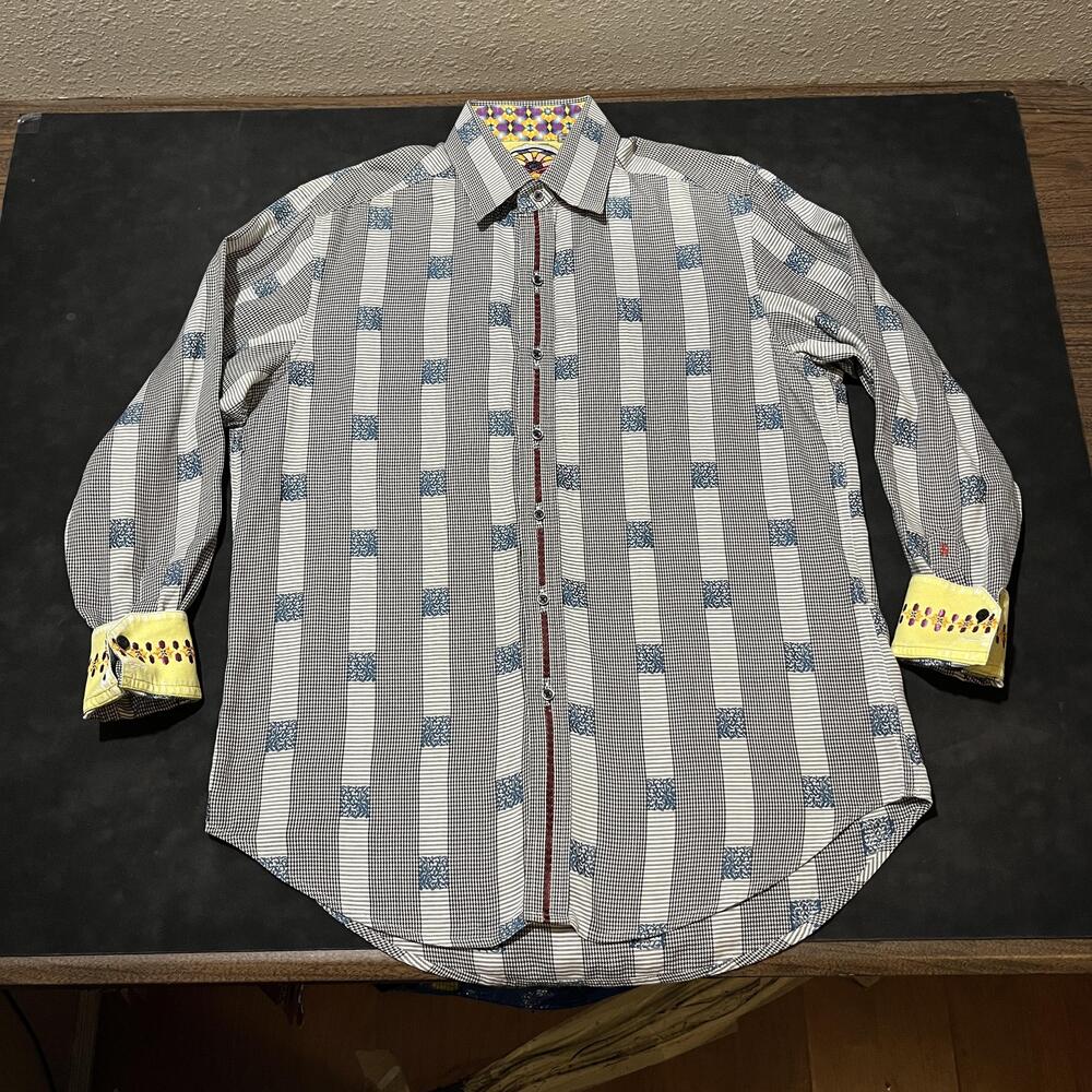 Robert Graham Shirt Mens Medium Black Long Sleeve Button Down Contrast Cuffs